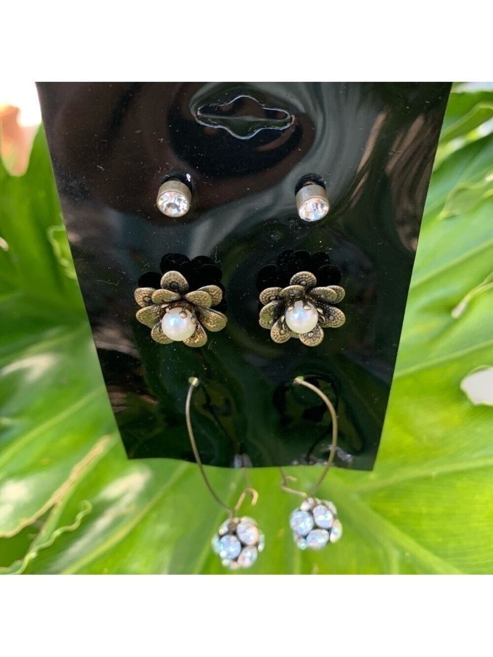 Pearl crystals studs threader floral Earrings three pairs boho gold tone